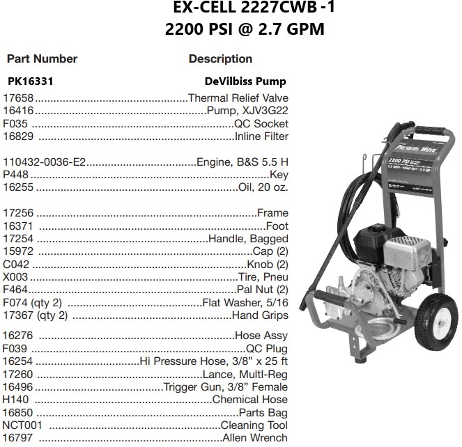 DEVILBISS model 2227CWB-1 power washer parts